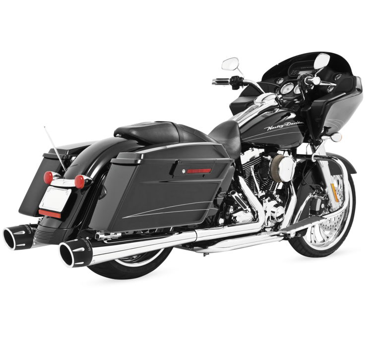Combat 4.5" Chrome Dual Slip On Exhaust Black Tip - 09-15 Harley FLH FLT - Click Image to Close