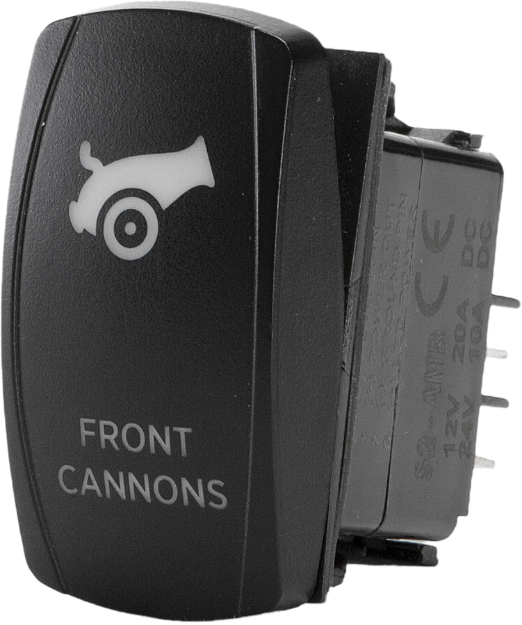 "Front Cannons" Momentary Illuminated Rocker Switch - Amber Lighted SPST - Click Image to Close