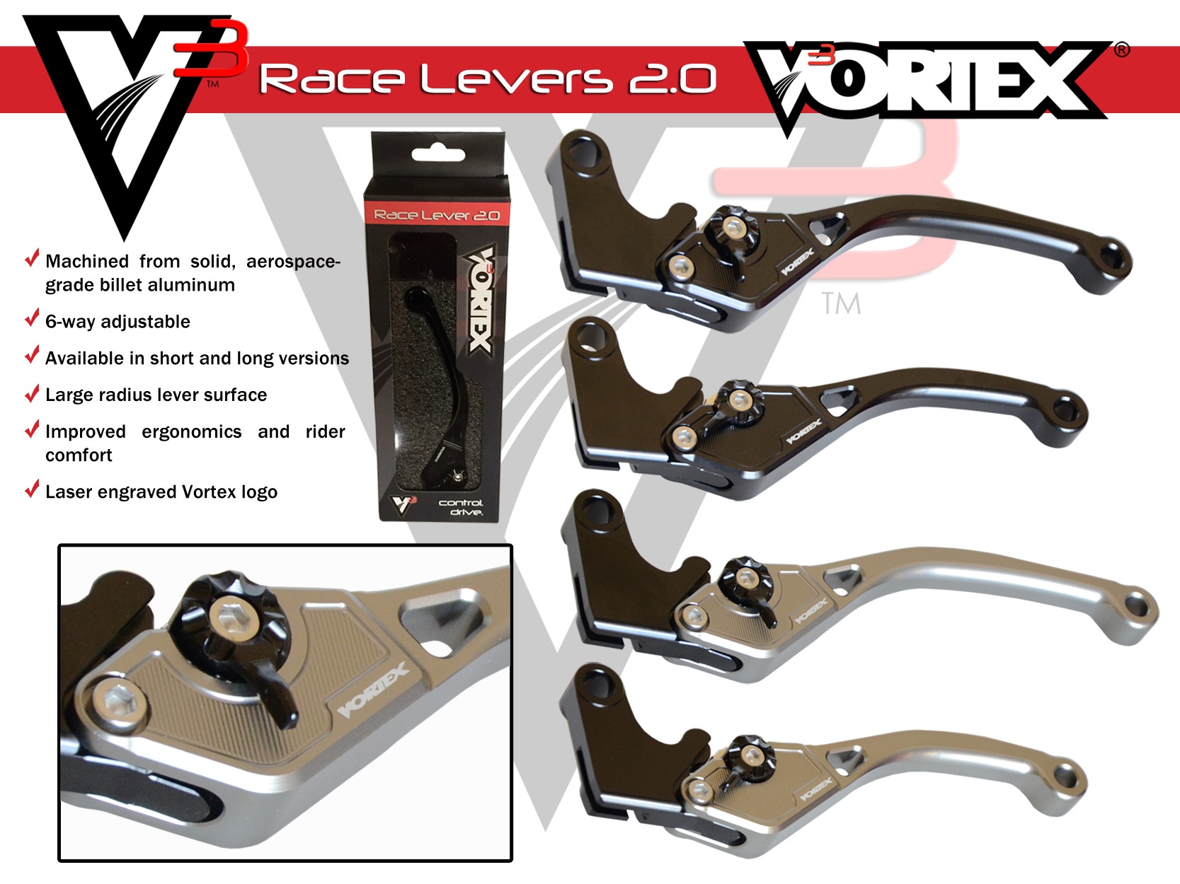 V3 2.0 Black Shorty Clutch Lever - For Aprilia, Suzuki, Yamaha Models - Click Image to Close