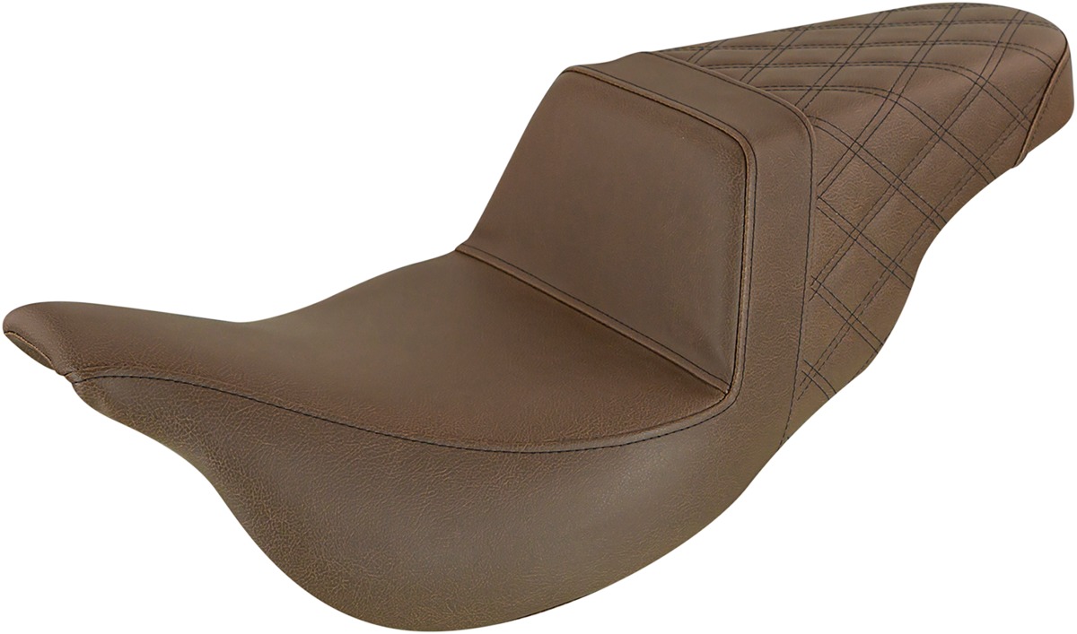 Step-Up Rear Lattice Stitch 2-Up Extended Reach Seat Brown - For Harley Touring - Click Image to Close