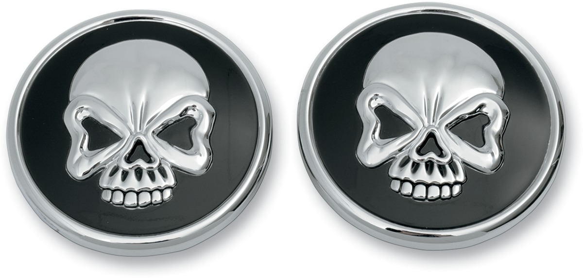 Drag Specialties Skull Gas Cap Pair Black Chrome For Harley-Davidson - Black/Chrome skull gas caps For Harley-Davidson - Click Image to Close