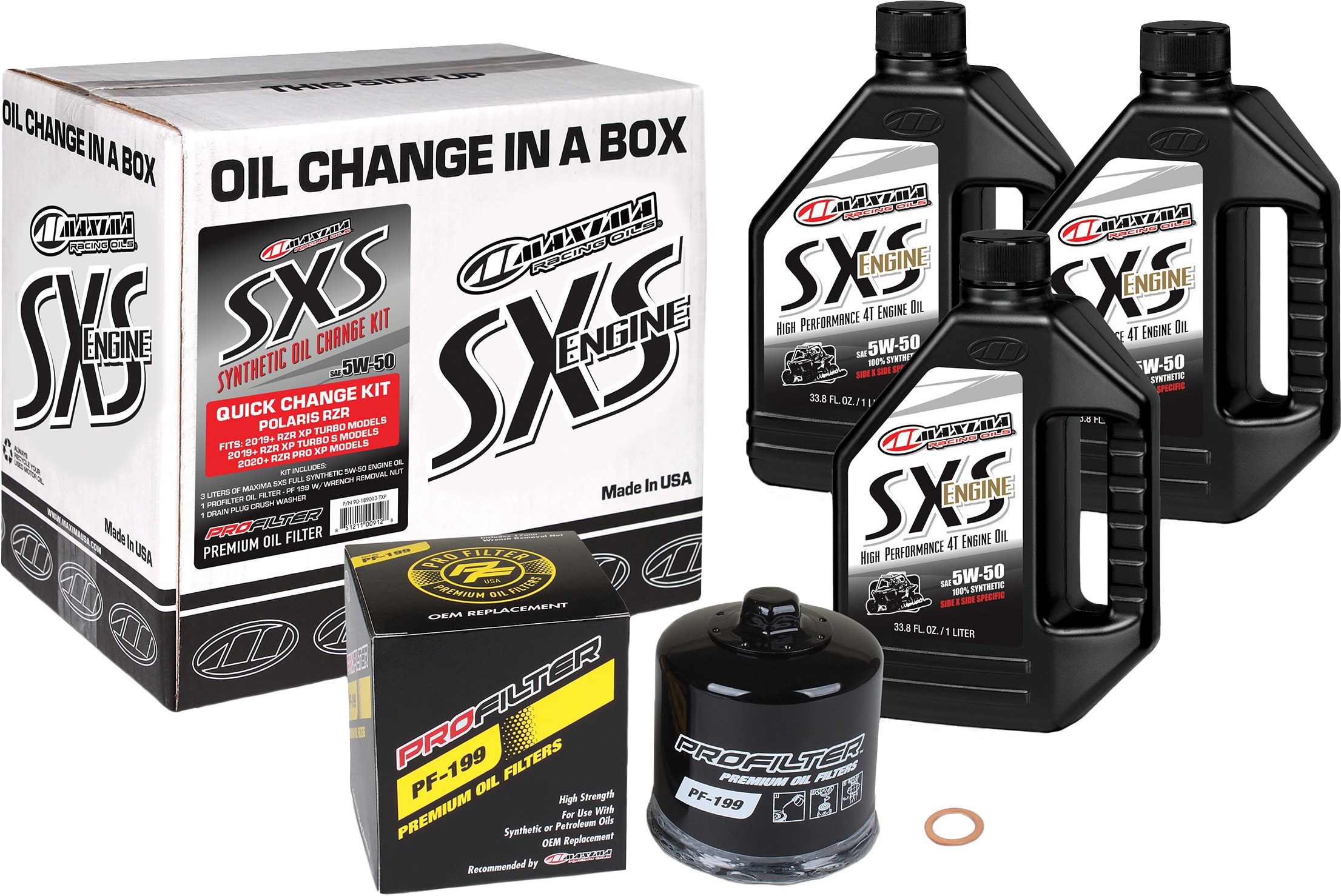 SXS Quick Oil Change Kit 5w-50 w/ Oil Filter For RZR PRO & Turbo - 3 QTS Oil, PF-199 Filter, & Drain Plug Washer - Click Image to Close
