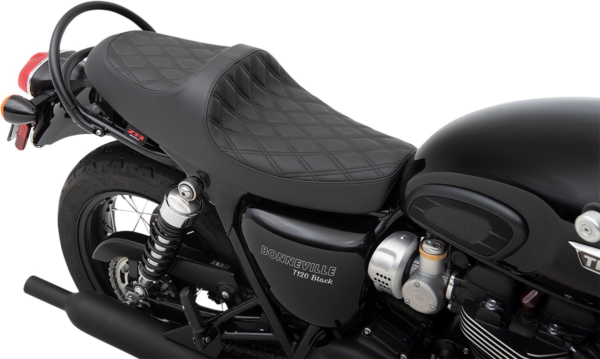 Predator Double Diamond Vinyl 2-Up Seat - Black - For Bonneville T100/120 - Click Image to Close