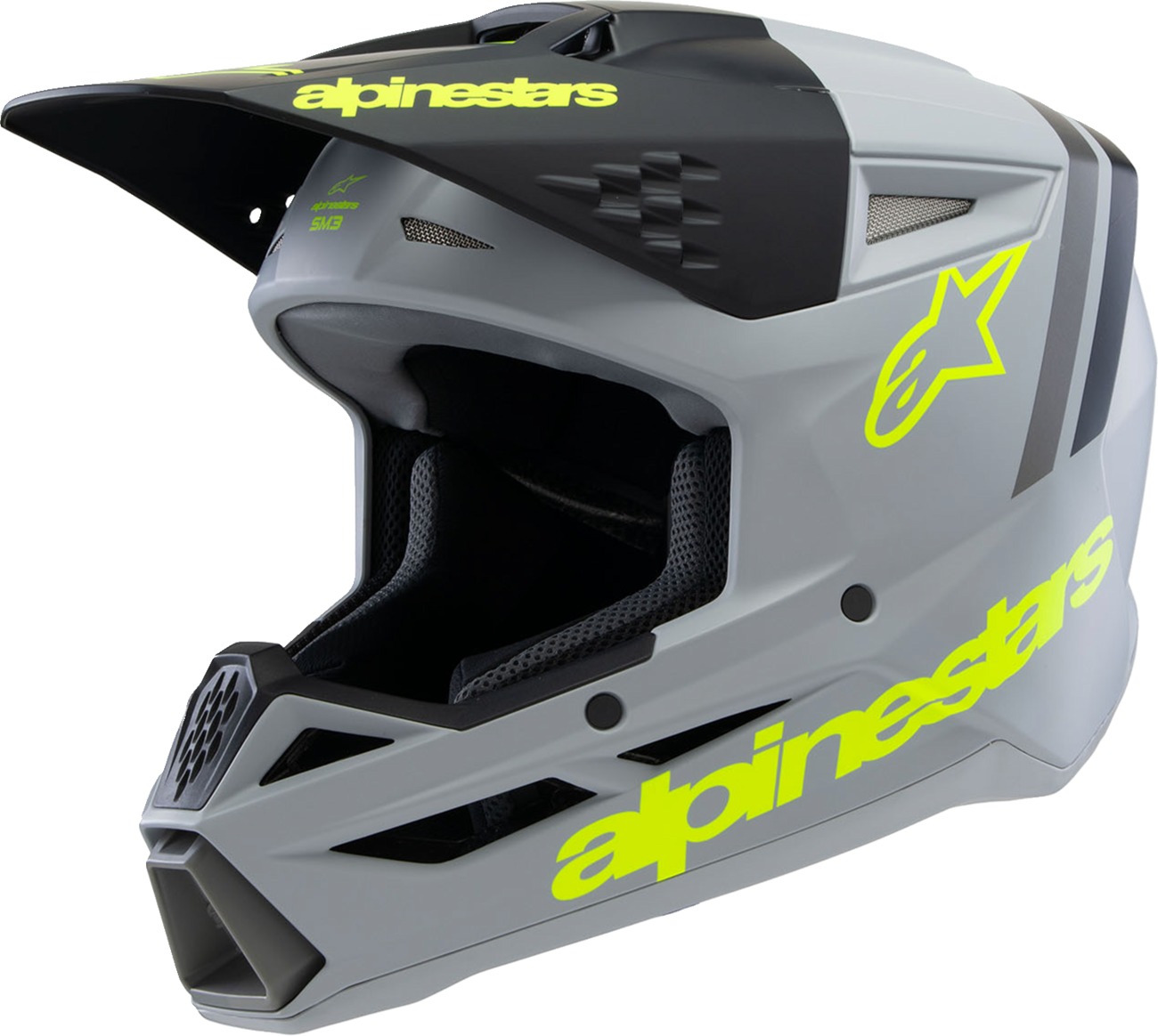 Alpinestars SM3 Youth Radium Helmet Gray/Blk/Ylw Fluo YL - Youth MX helmet in Gray/Black/Yellow Fluo, size YL - Click Image to Close