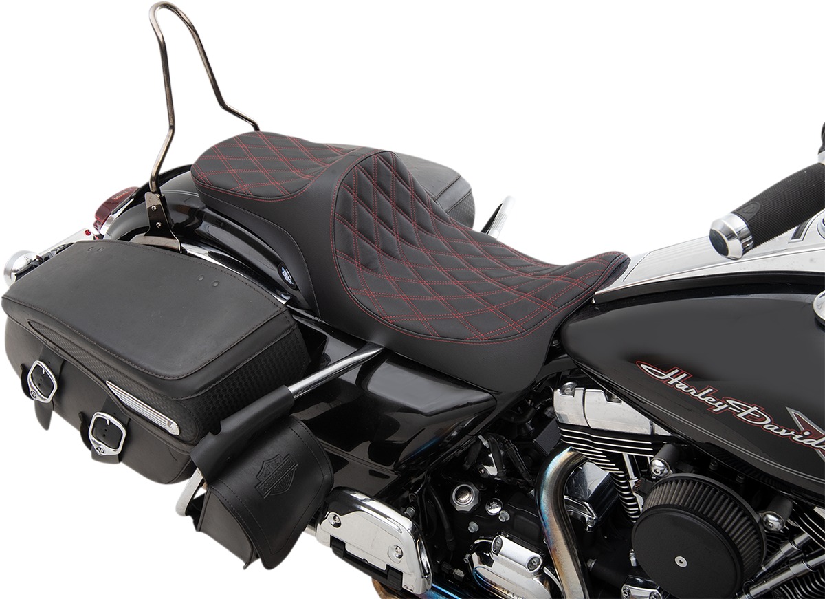 Drag Specialties Predator III 2-Up Seat Black Red Stitching Harley Touring - Click Image to Close