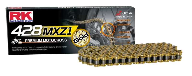 RK MXZ1 428 Gold Mini Racing Chain 118 Links Non-Sealed - Heavy duty 428 chain, 118 links, gold, non-sealed - Click Image to Close