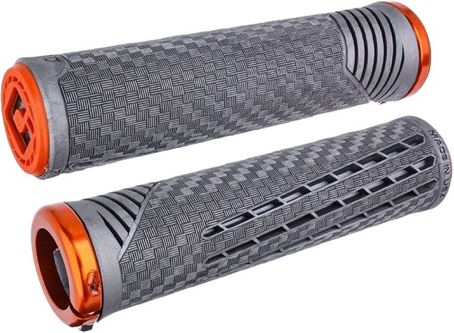 ODI CF11 V2.1 BMX Grips Lynx Gray/Orange with Orange Clamps - Lock-on BMX grips in gray and orange by ODI - Click Image to Close