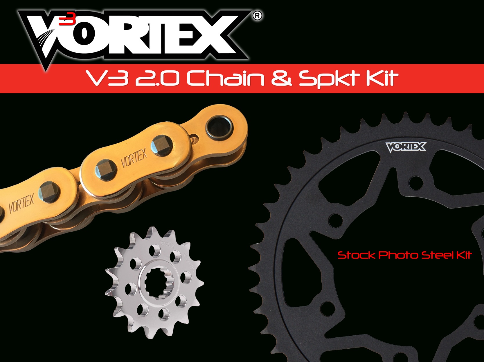 V3 Chain & Sprocket Kit Gold SX Chain 520 14/43 Black Steel - For 13-17 Kawasaki Ninja 300 - Click Image to Close