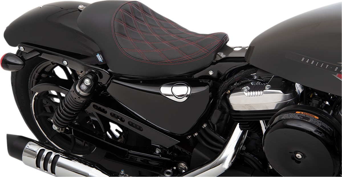 3/4 Double Diamond Vinyl Solo Seat Black/Red - For 04-20 Harley XL - Click Image to Close