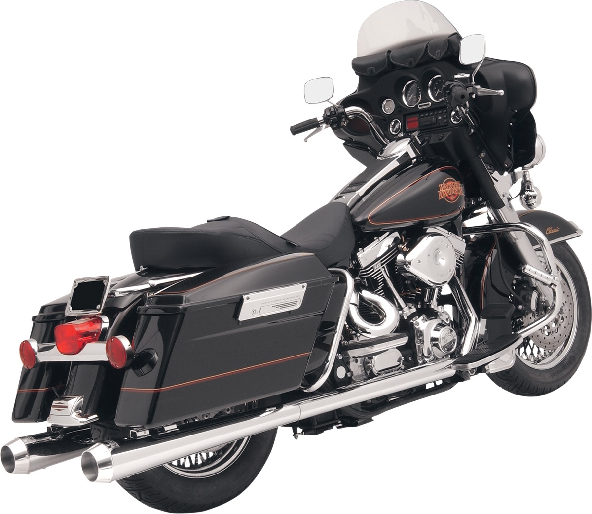 4" Chrome Megaphone Dual Slip On Exhaust Std - For 95-16 H-D Touring - Click Image to Close