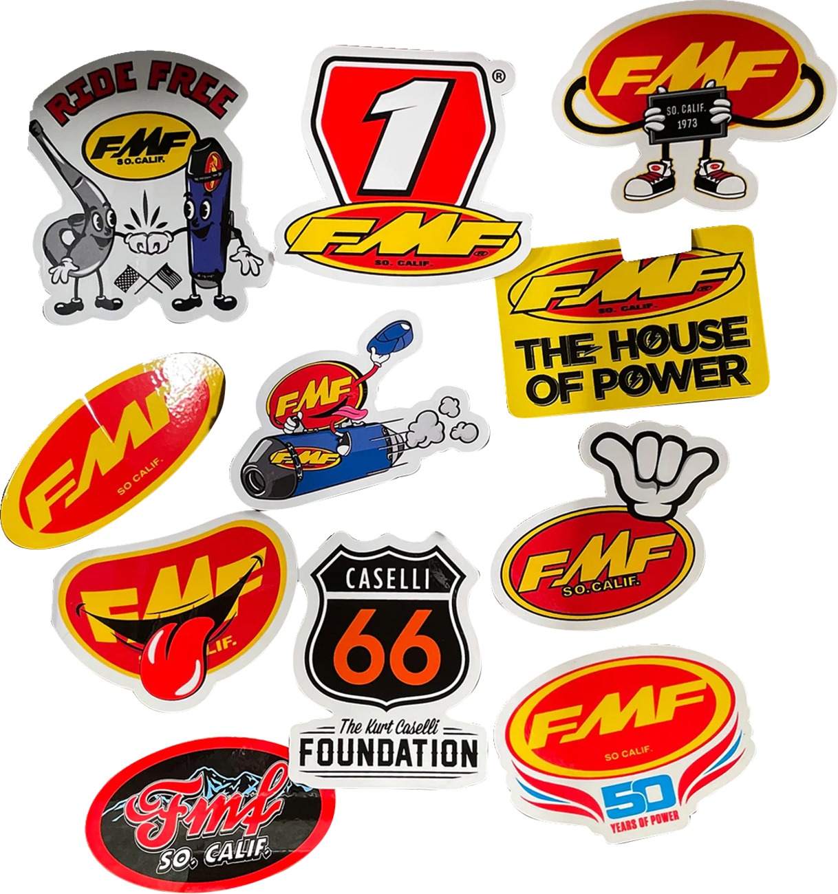 FMF Go Fast Have Fun Sticker Pack Red/Yellow Vinyl Decals - Weather-resistant FMF decals for dirt bikes, helmets - Click Image to Close