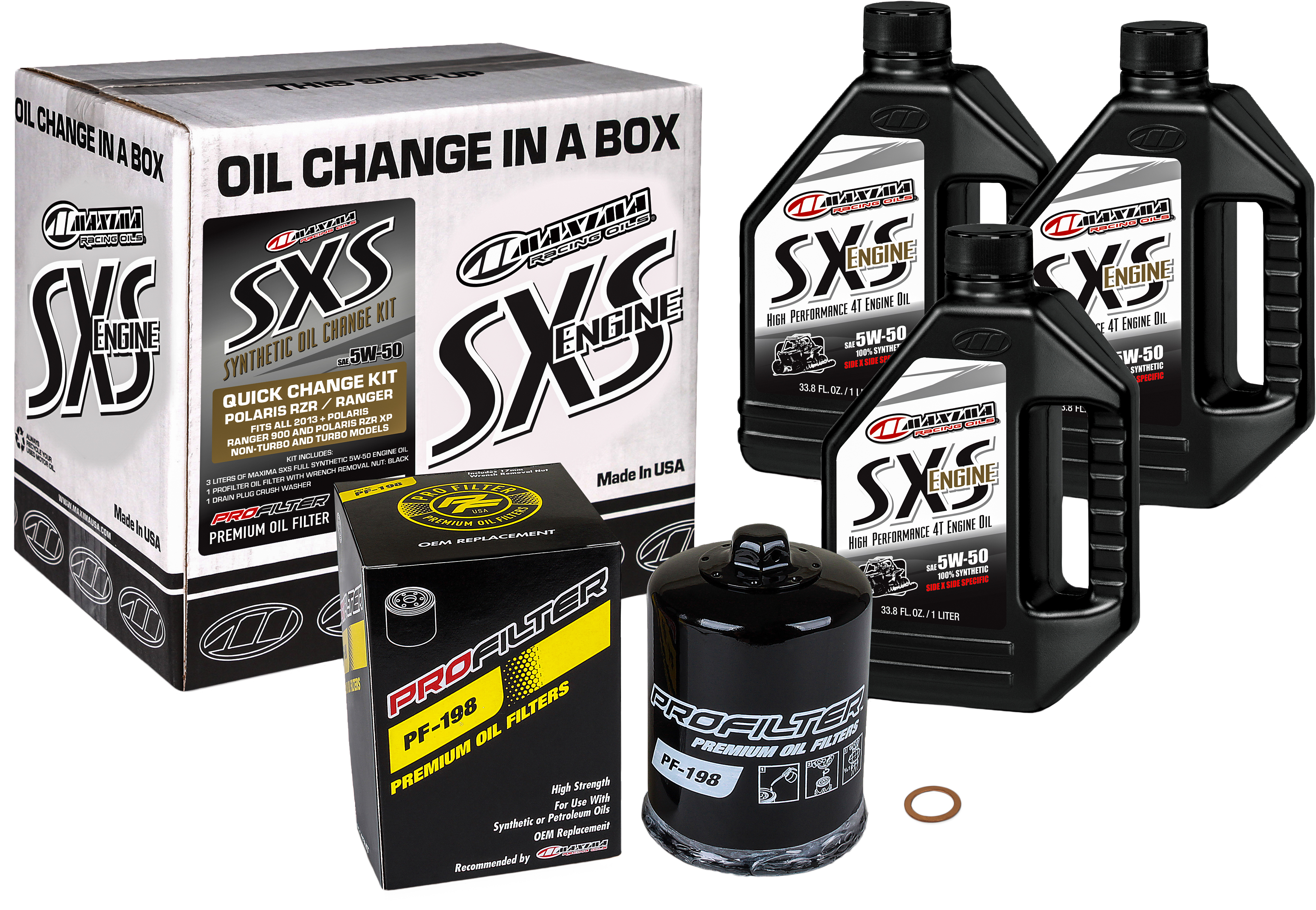 SXS Quick Oil Change Kit 5w-50 w/ Oil Filter For RZR & Ranger 900/1000 XP - 3 QTS Oil, PF-198 Filter, & Drain Plug Washer - Click Image to Close