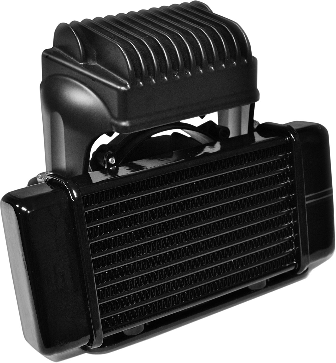 Horizontal Low Mount Oil Cooler Black w/Fan - For 09-15 Harley Touring - Click Image to Close