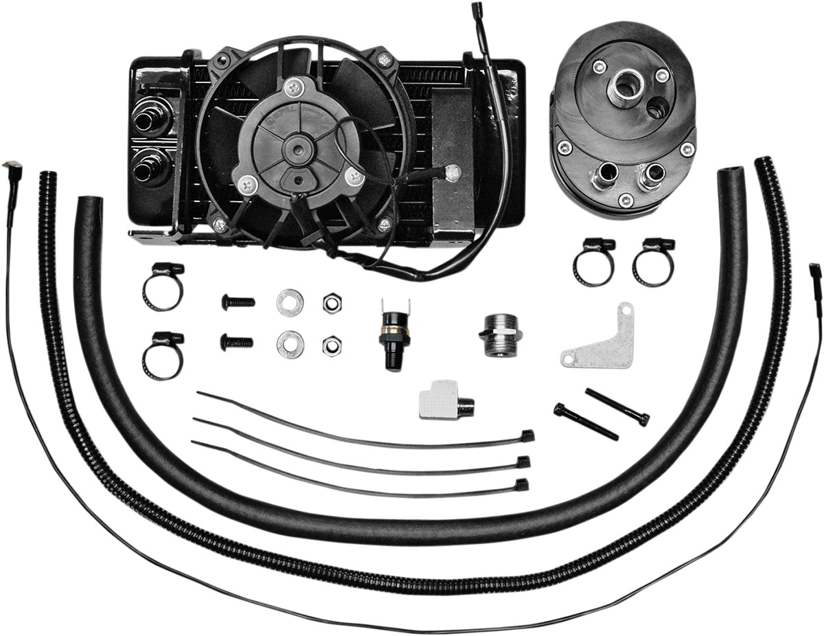 Horizontal Low Mount Oil Cooler Black w/Fan - For 09-15 Harley Touring - Click Image to Close