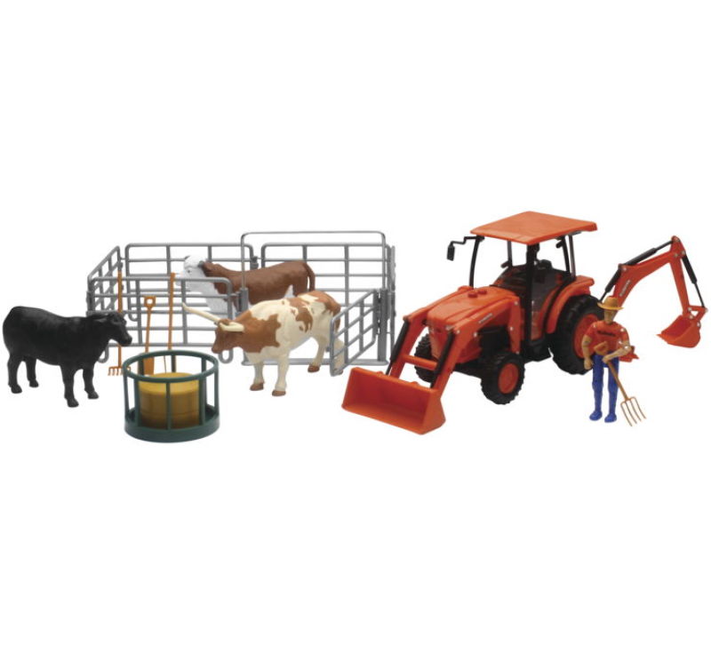 Kubota Tractor with Figurine, Animals & Fence 1:18 Scale by New Ray Toys - Click Image to Close