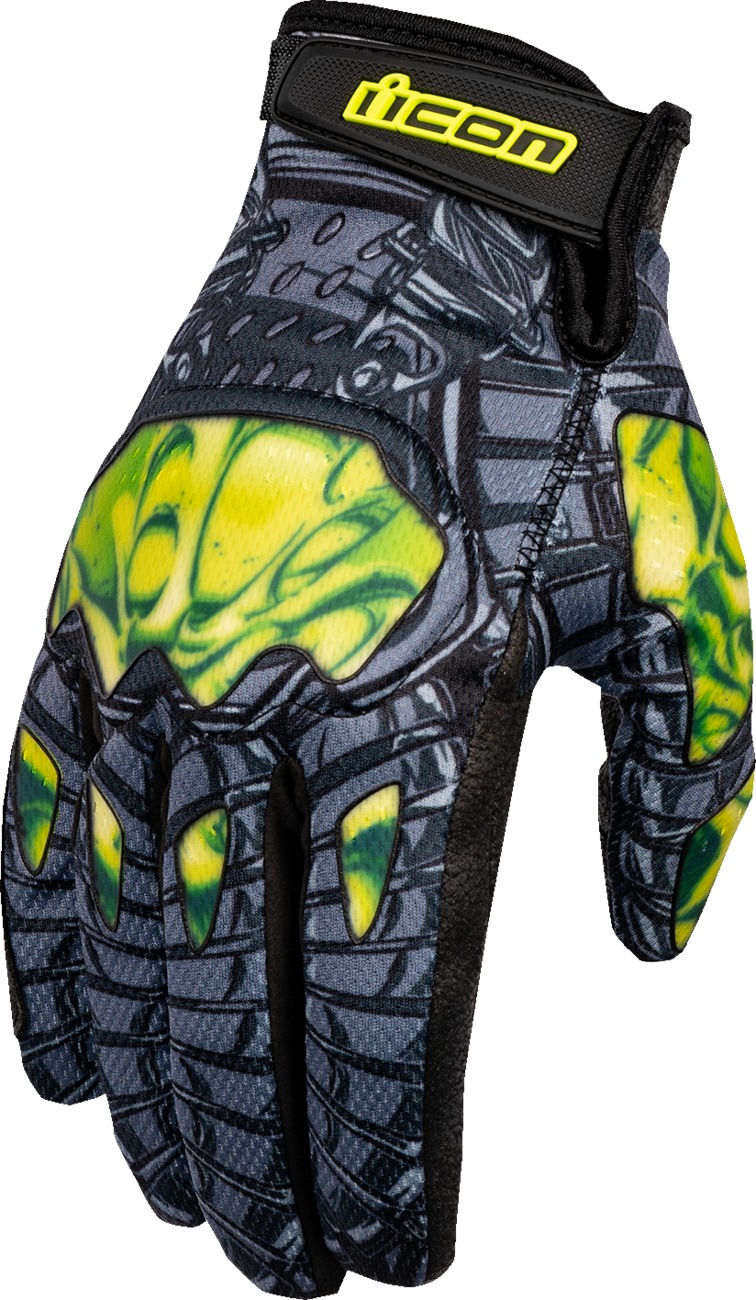 ICON Hooligan Outbreak Gloves XL Green/Yellow Men's Short Cuff - Short cuff vented gloves with knuckle protection, XL - Click Image to Close