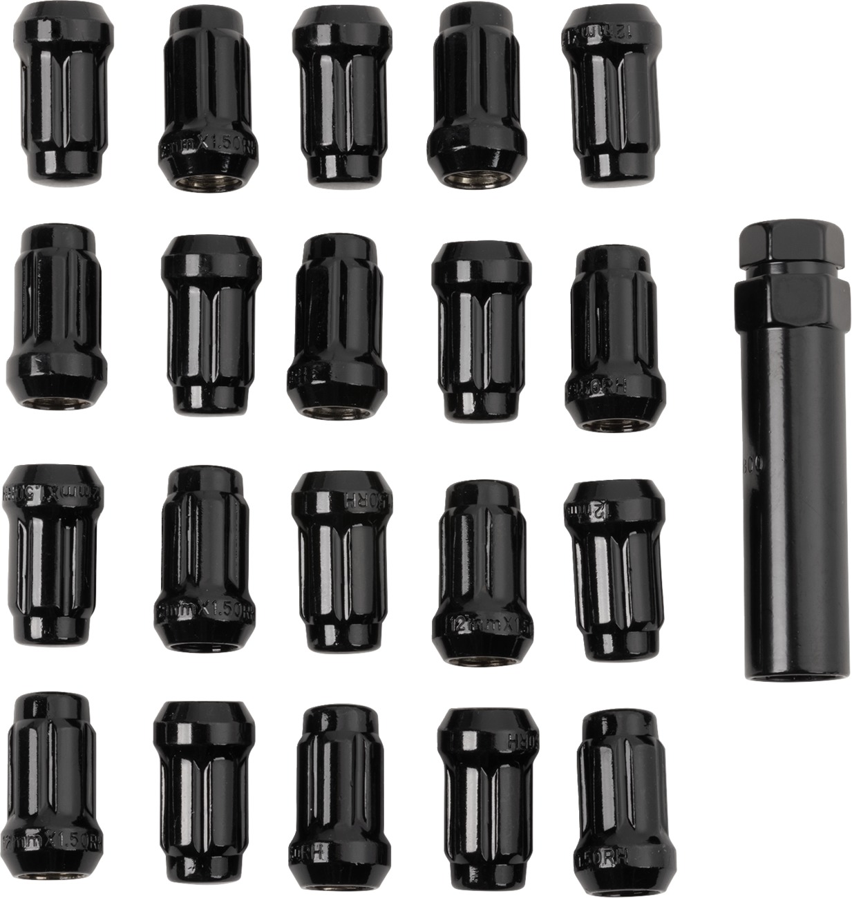 Raceline Spline Lug Nut Kit Black 12x1.5 20 Pack with Key - 20 splined black lug nuts with key, 12x1.5mm - Click Image to Close