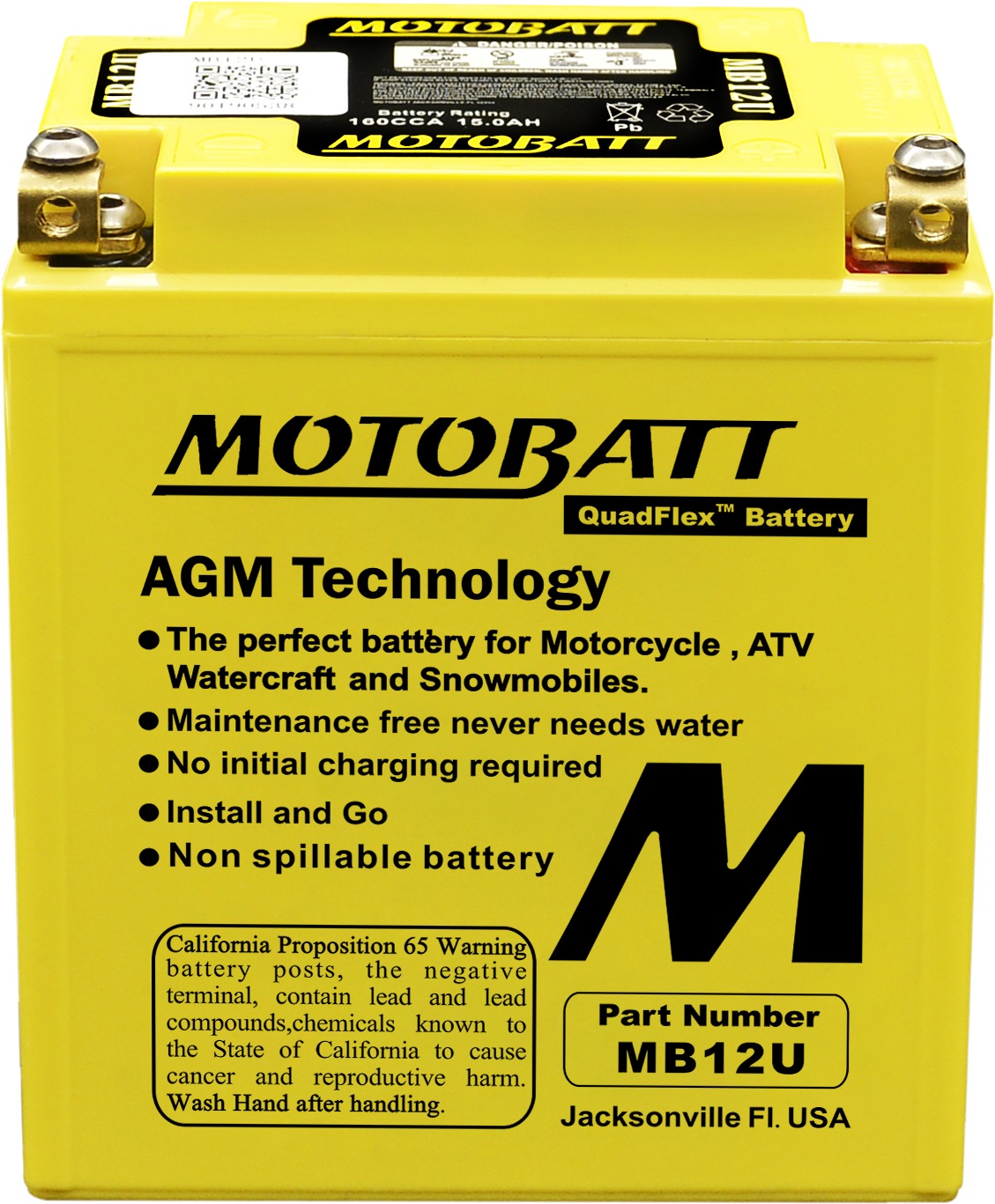 MotoBatt MB12U Quadflex AGM Sealed Battery - Sealed AGM battery with Quadflex terminals - Click Image to Close