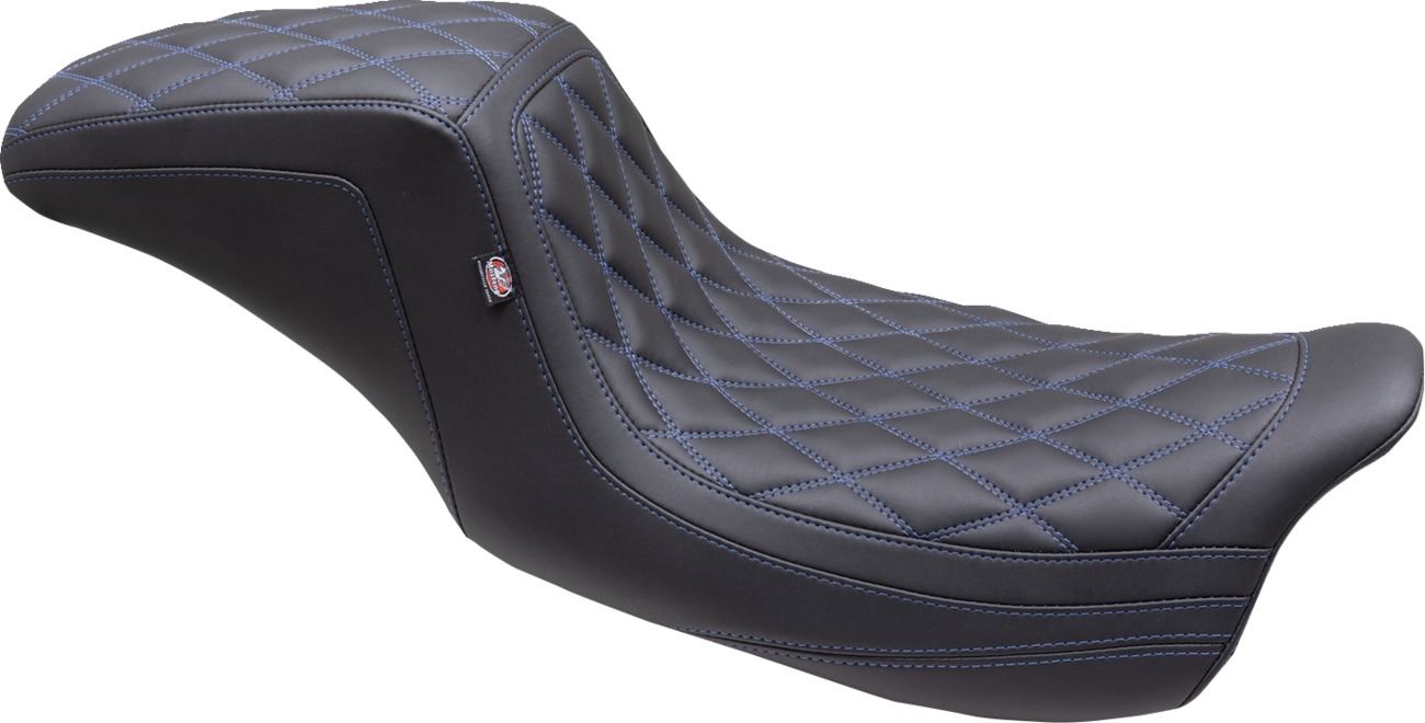 Mustang Double Diamond Squareback Seat Black Blue Stitch Harley FL Touring 08-24 - Fits Harley FL Touring models 2008-2024 - Click Image to Close