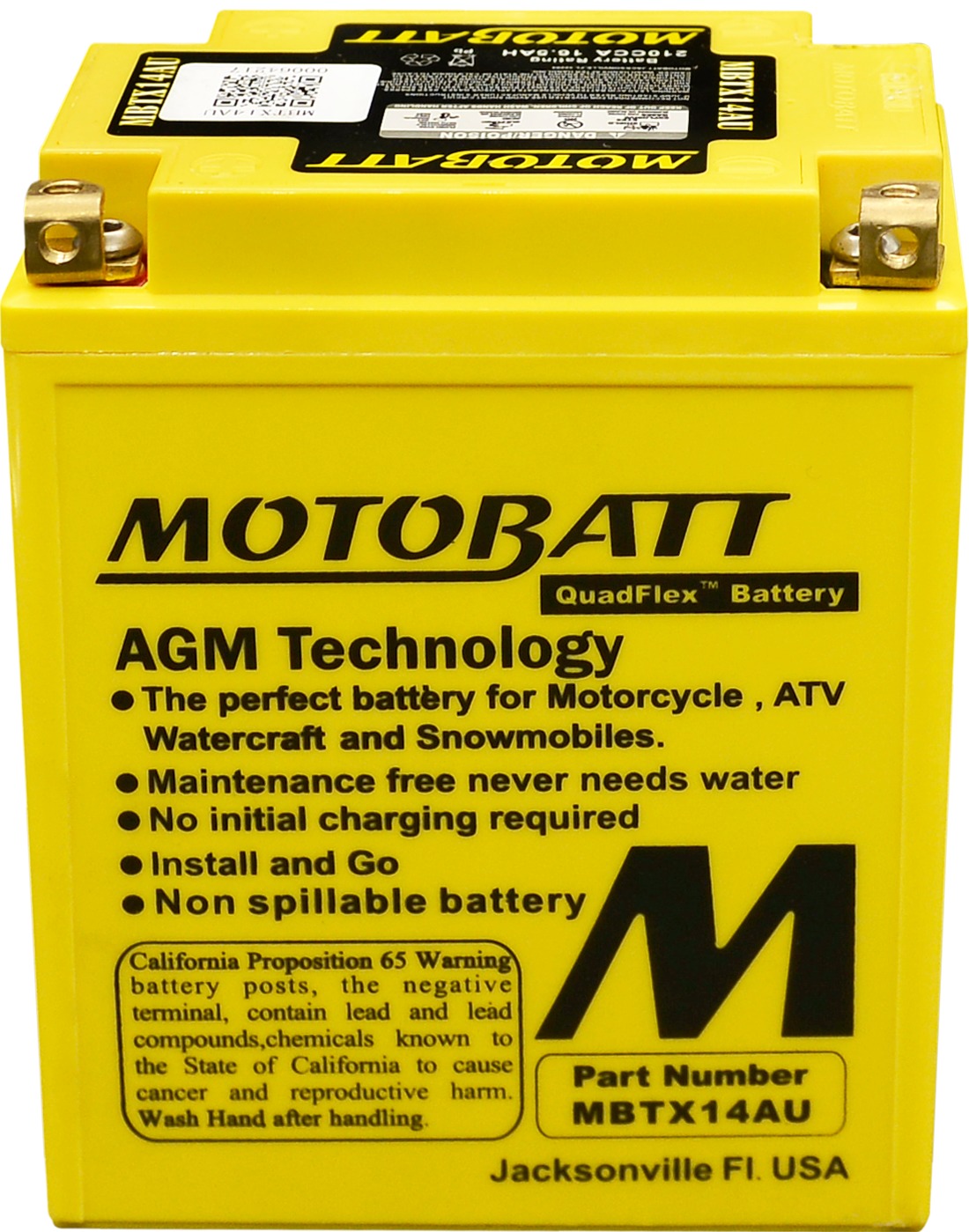 MotoBatt MBTX14AU Quadflex AGM Battery Sealed Factory Activated - Quadflex AGM battery, universal fit, sealed, 12V - Click Image to Close