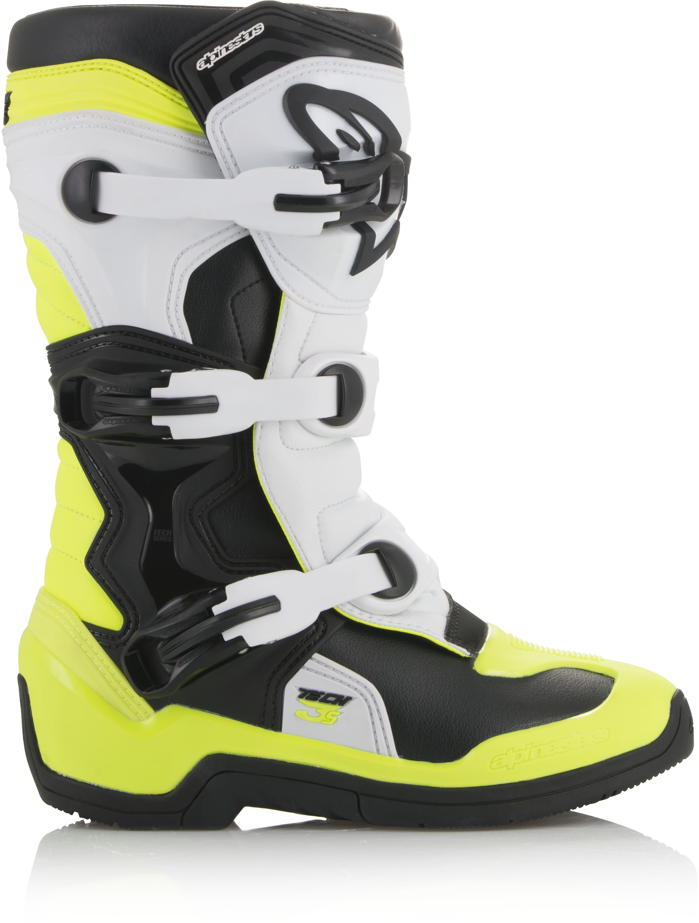Tech 3S Boots Black/White/Yellow Size 4 - Click Image to Close