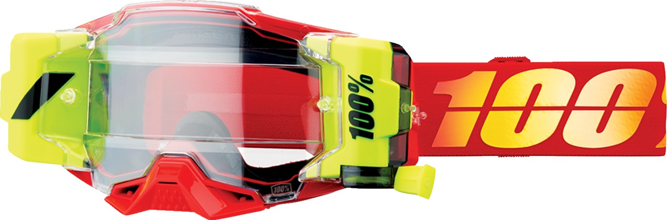 100% Armega Forecast Goggles Fluorescent Yellow Nuketown Red Adult - Roll-off motocross goggles with clear lens - Click Image to Close