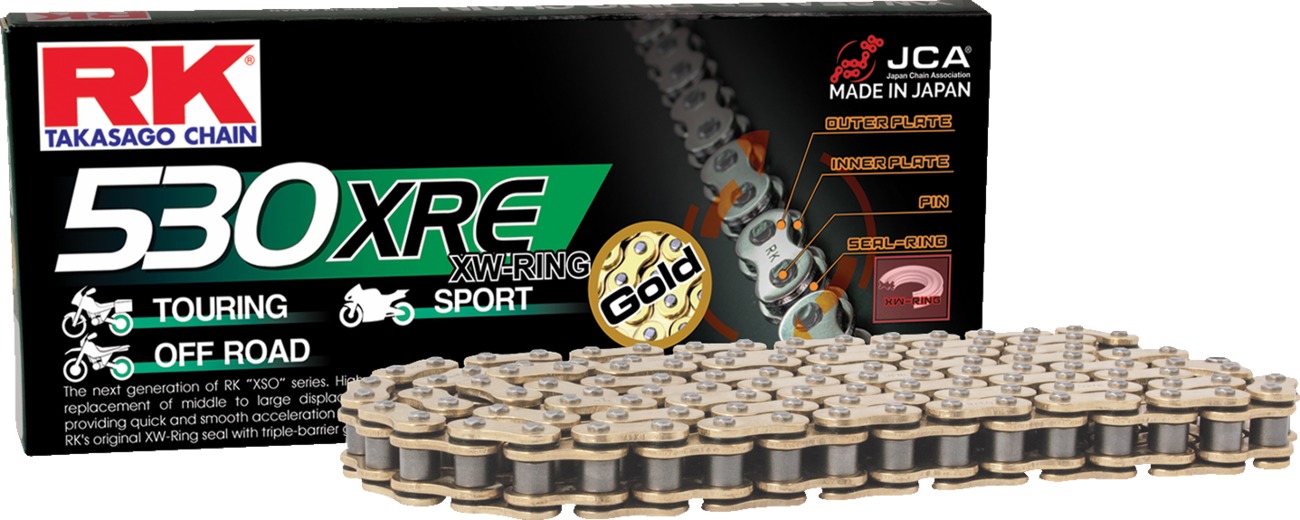 RK 530 XRE XW-Ring Gold Drive Chain 114 Links - Sealed XW-Ring chain, 530 pitch, 114 links, gold - Click Image to Close