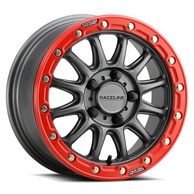 Raceline Alpha Beadlock Wheel 15x7 5x114.3 +53 Gunmetal/Red For Polaris RZR Turbo R, Pro R - Click Image to Close