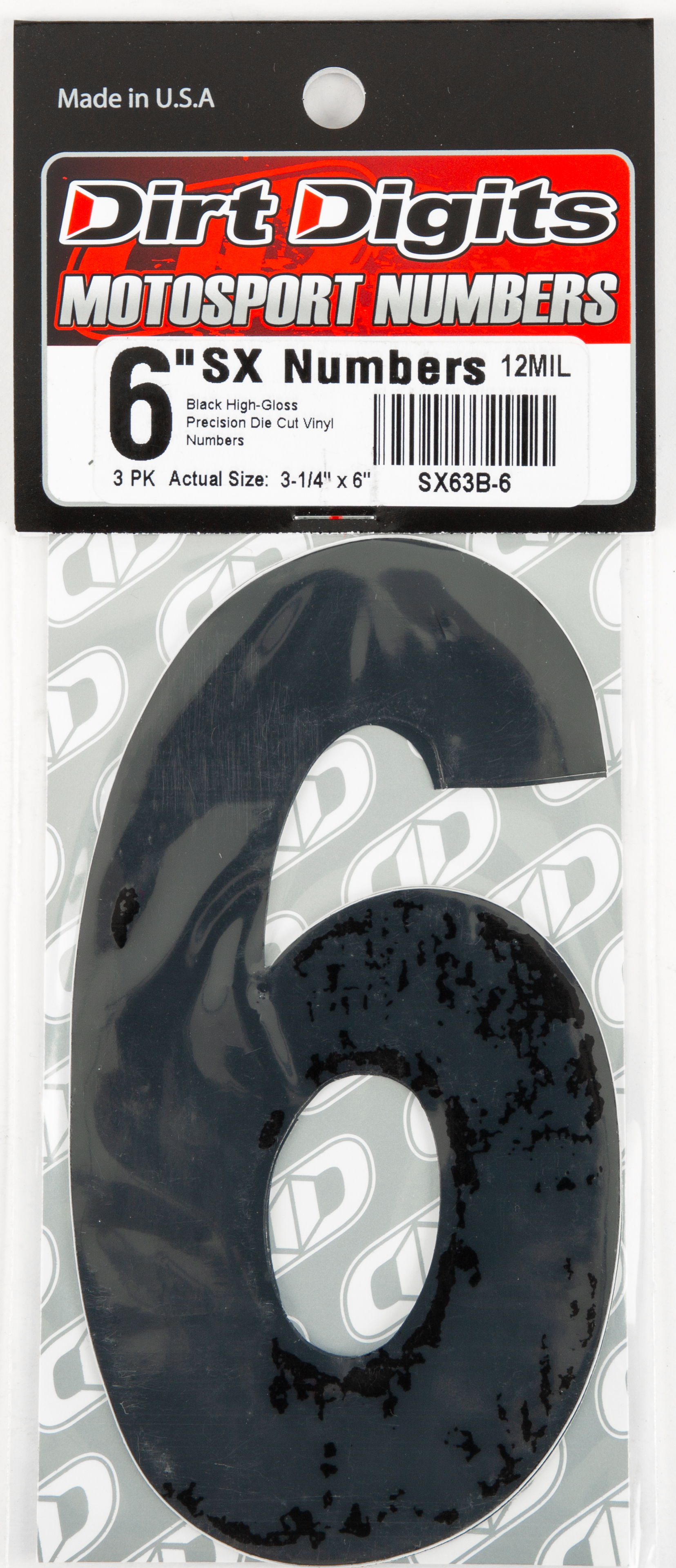 #6 6" Tall Black "SX" Stick-On Race Numbers - 3 Pack - Click Image to Close