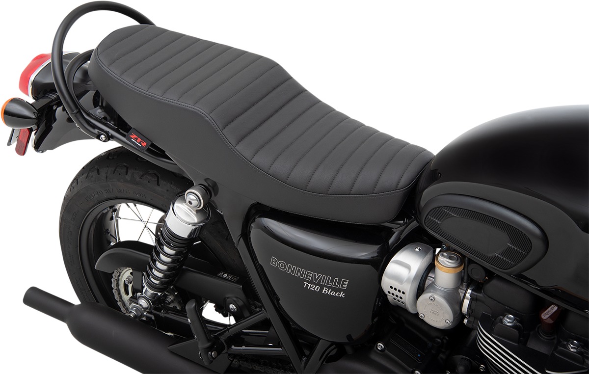 Retro Classic Stitch Vinyl 2-Up Seat - Black - For Bonneville T100/120 - Click Image to Close