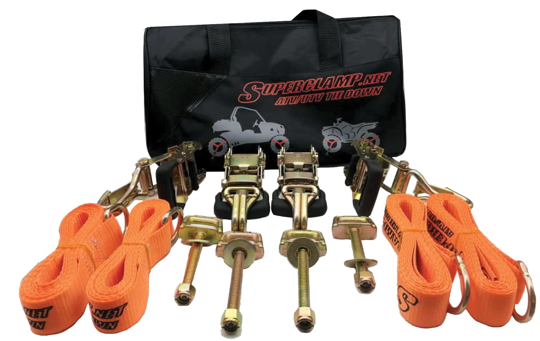 Superclamp ATV/UTV Strap Kit with Deck Hooks and Storage Bag - Heavy duty tie down kit for ATV and UTV transport - Click Image to Close