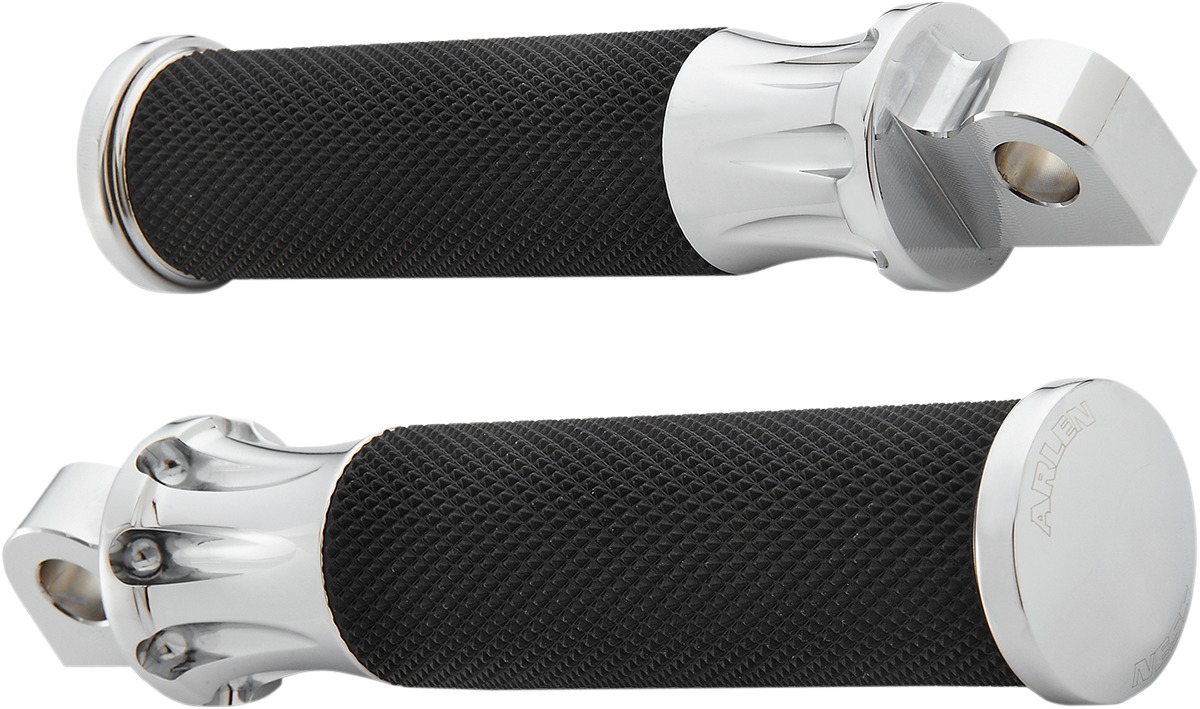 Arlen Ness Fusion Male-Mount Footpegs Pair Black/Chrome - Billet aluminum footpegs with knurled rubber grip - Click Image to Close