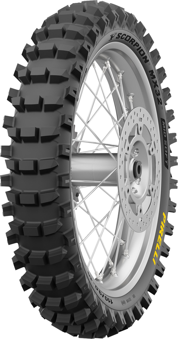 Pirelli Scorpion MX32 Mid Soft Tire 110/90-19 Rear - Motocross tire for mid-soft terrain, 110/90-19 - Click Image to Close