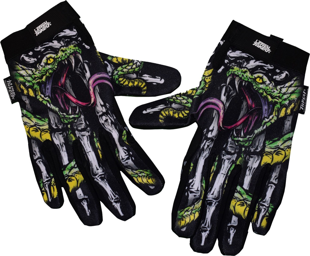 Lethal Threat Snake Bite Gloves Black Green Yellow Men's Medium - Breathable short cuff gloves, touchscreen, size M - Click Image to Close