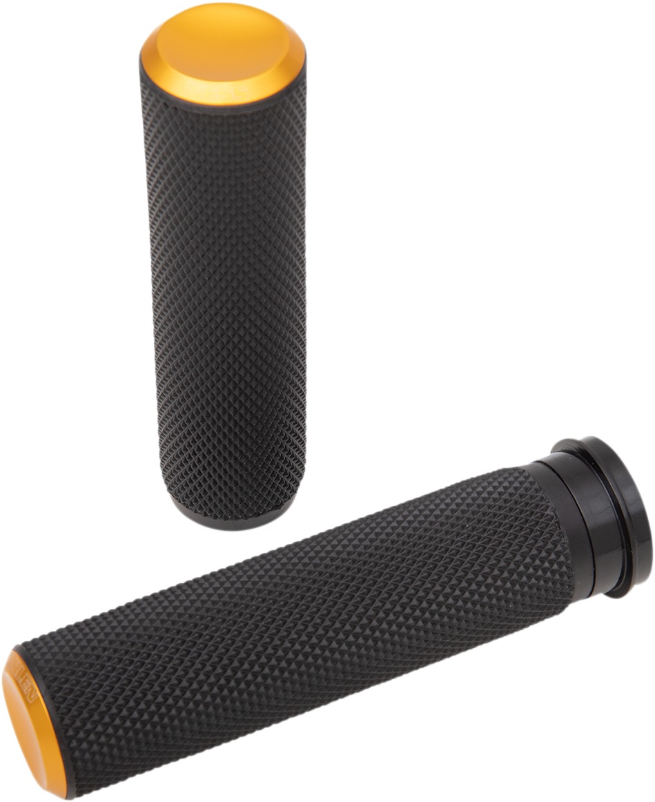 Arlen Ness Knurled Rubber Grips Gold FBW - Click Image to Close