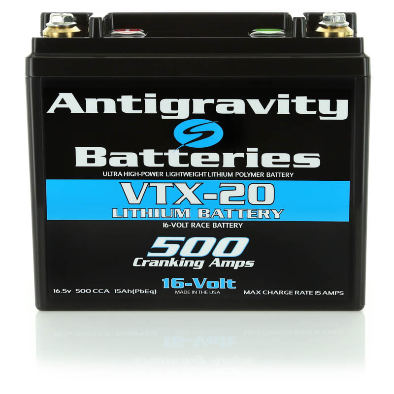 16-volt Lithium "Race" Battery, 20-cell 500ca; Right Negative Terminal - YTX12 Case Size - For High Compression Motors - Click Image to Close