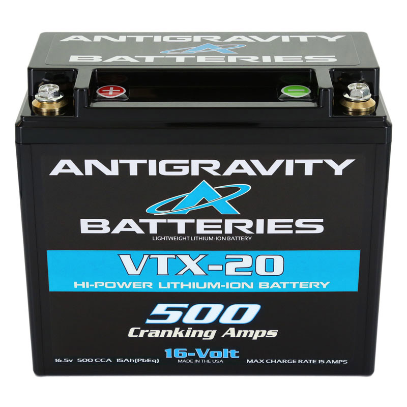16-volt Lithium "Race" Battery, 20-cell 500ca; Right Negative Terminal - YTX12 Case Size - For High Compression Motors - Click Image to Close