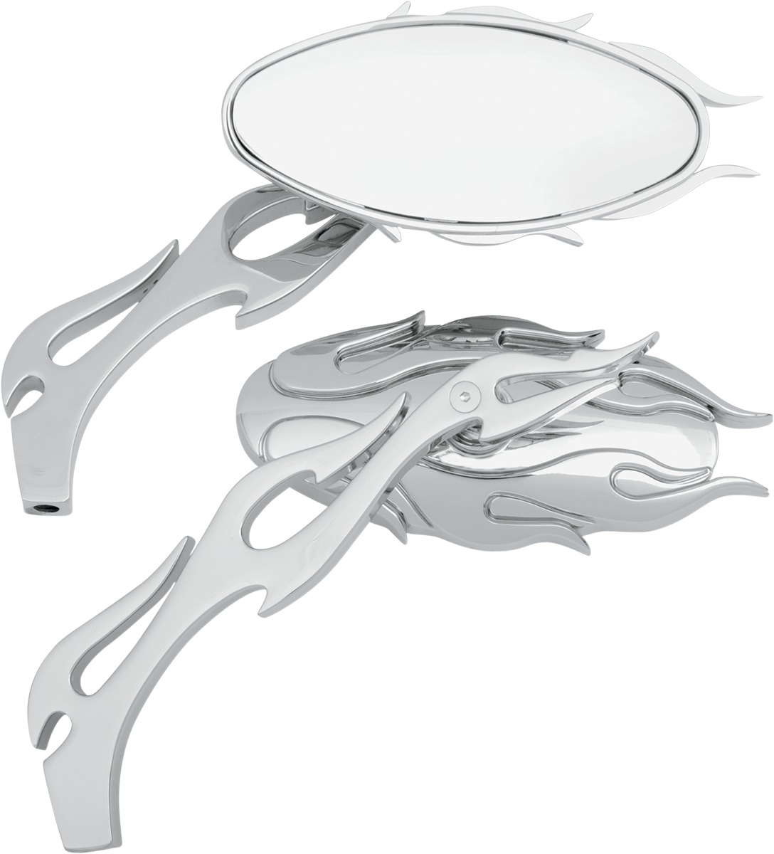 Drag Specialties Flame Oval Side View Mirrors Chrome Pair - Chrome flame oval mirrors, universal handlebar mount - Click Image to Close