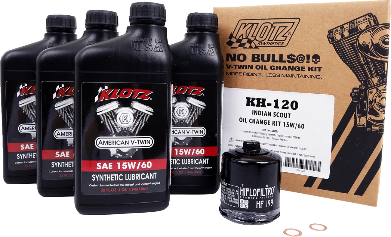 Klotz Synthetic Oil Change Kit for Indian Scout 15W-60 - 4 qt synthetic oil kit for Indian Scout - Click Image to Close