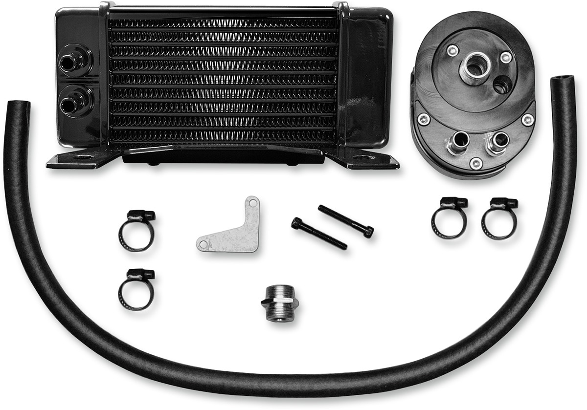 Horizontal Low Mount 10-Row Oil Cooler - Black - For 84-08 Harley Touring - Click Image to Close