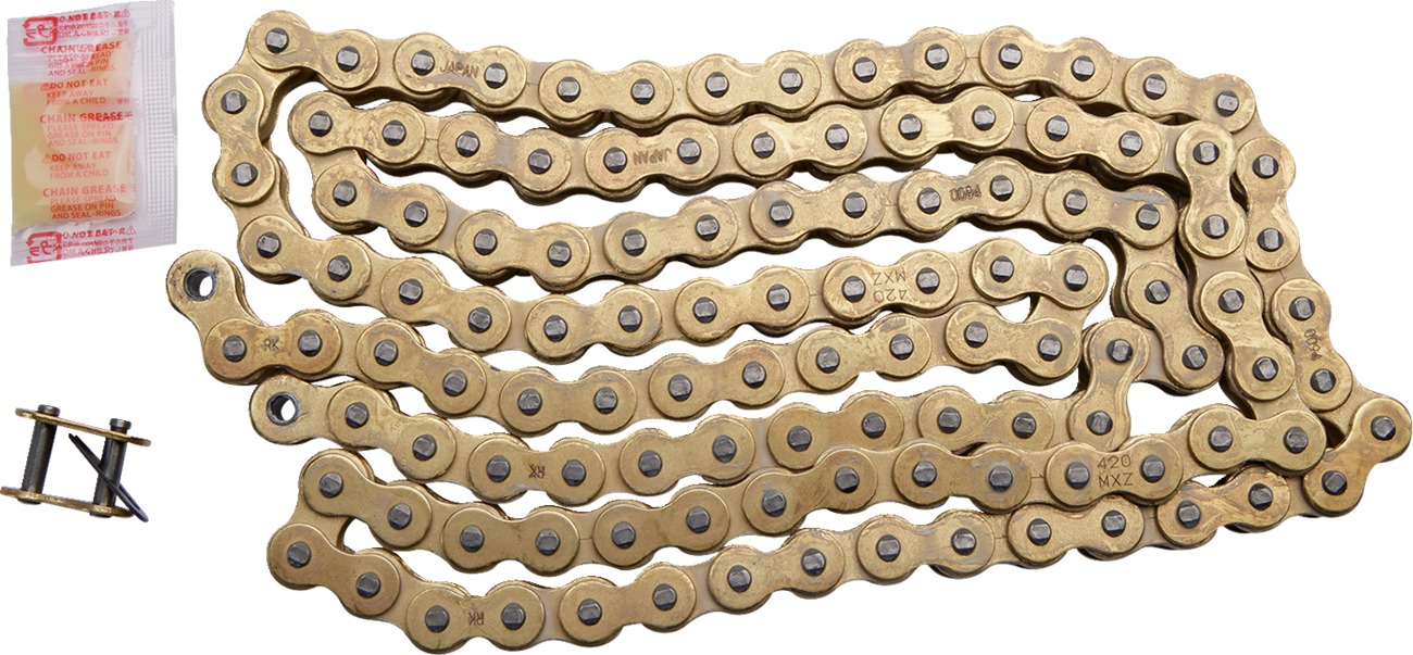 RK 420 MXZ Heavy Duty Drive Chain Gold 124 Links - 124-link 420 MXZ gold drive chain for mini MX/SX - Click Image to Close