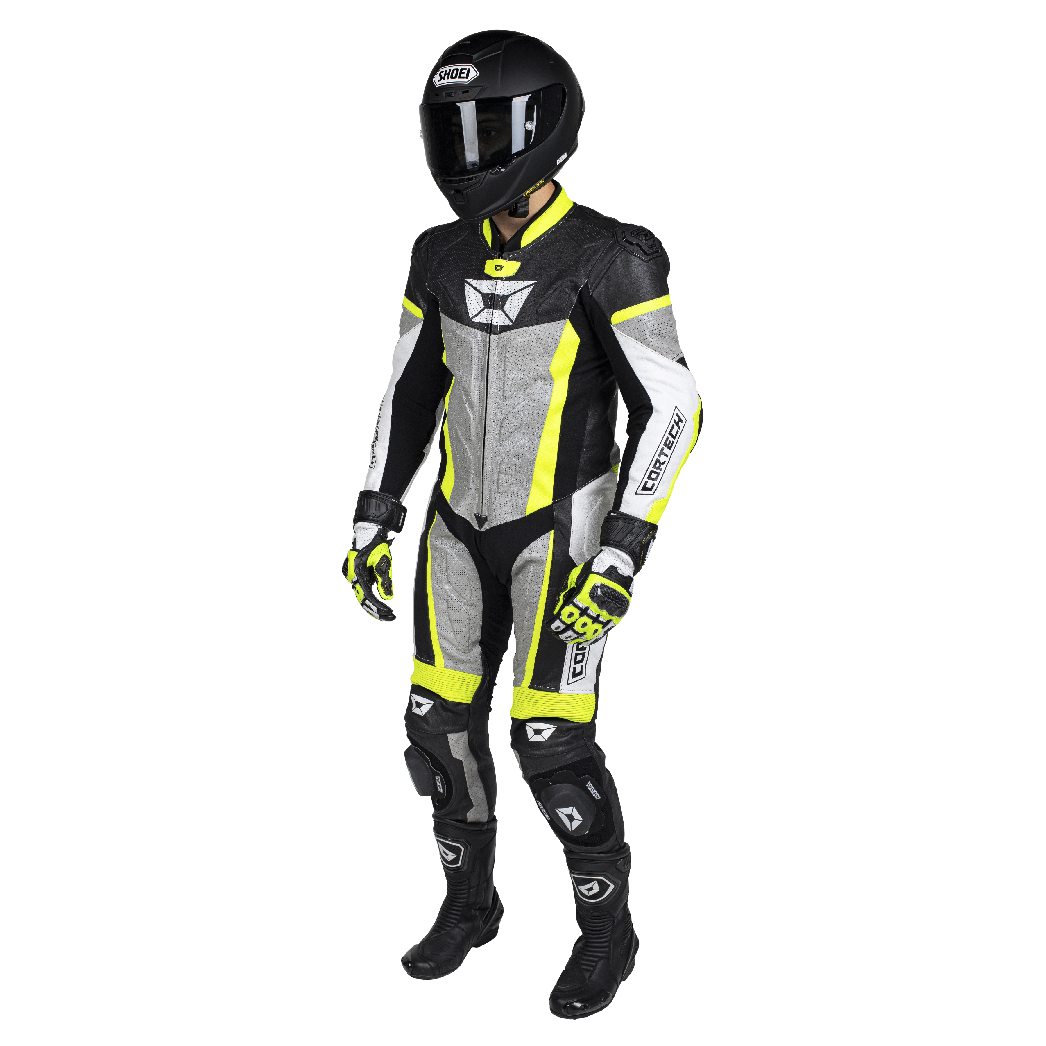 Men's Apex V1 RR Leather One-Piece Race Suit HiViz/Grey 2X-Large - Click Image to Close