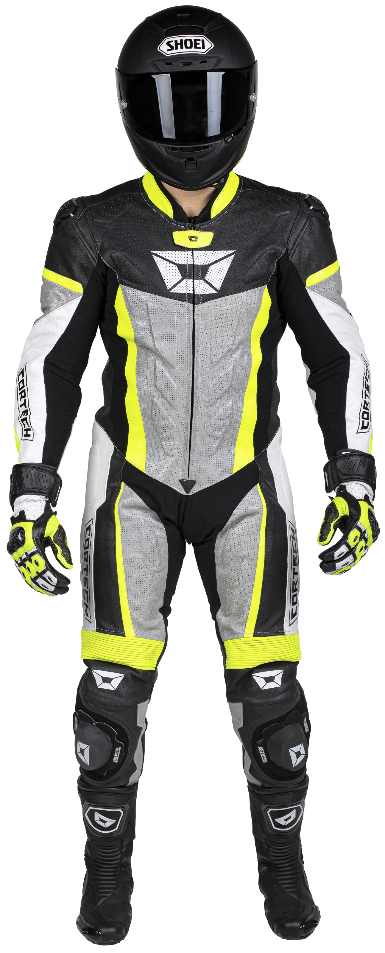 Men's Apex V1 RR Leather One-Piece Race Suit HiViz/Grey Large - Click Image to Close