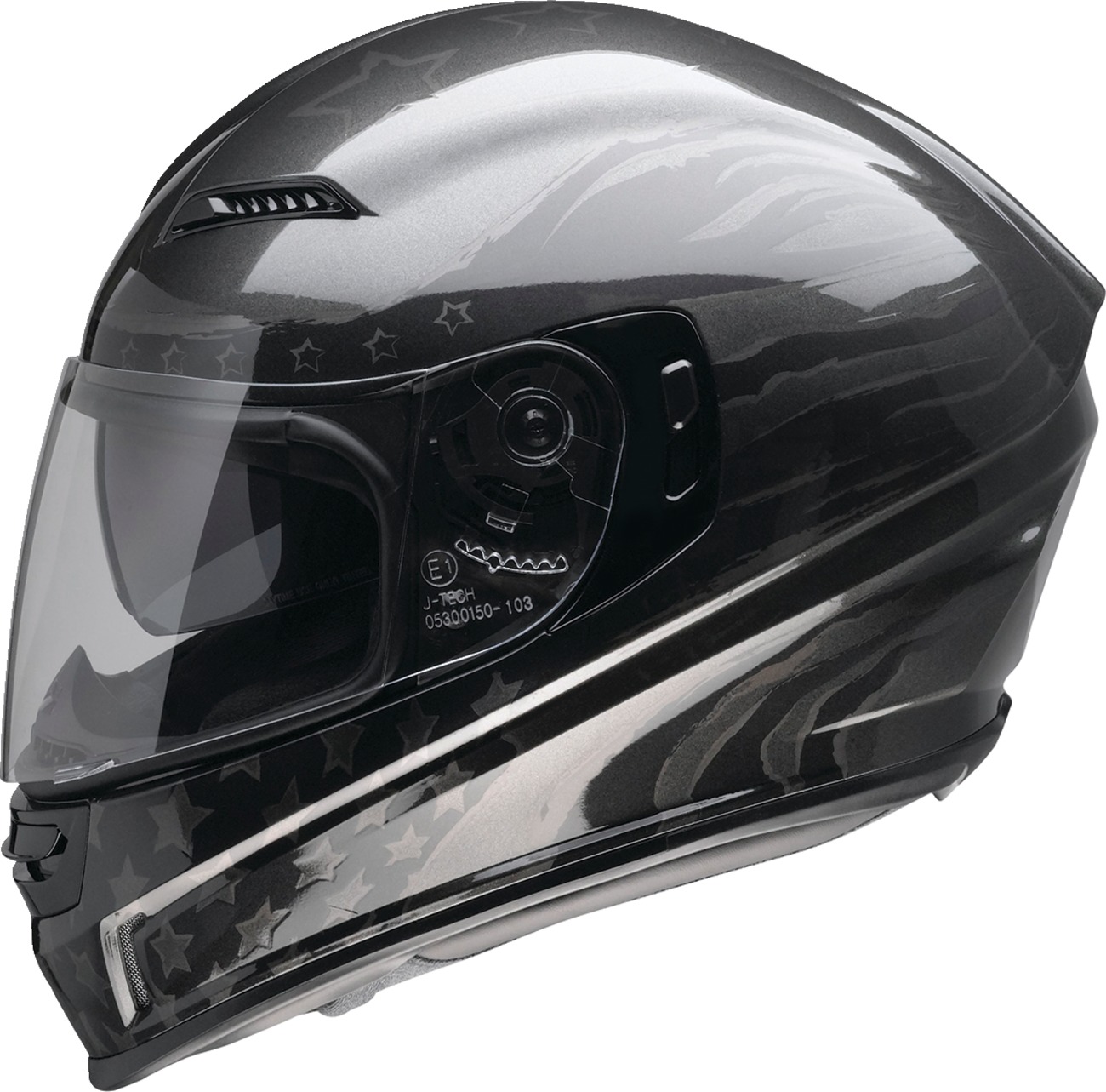 Z1R Jackal Patriot Helmet - Large, Gloss Black/Gray - Full face helmet with drop-down sun visor - Click Image to Close