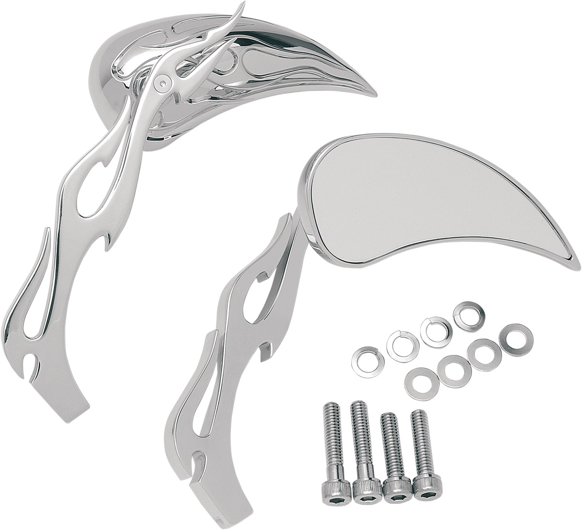 Drag Specialties Flame Teardrop Mirrors with Sculptured Stem Chrome Pair - Flame teardrop mirrors, chrome, universal fit, pair - Click Image to Close