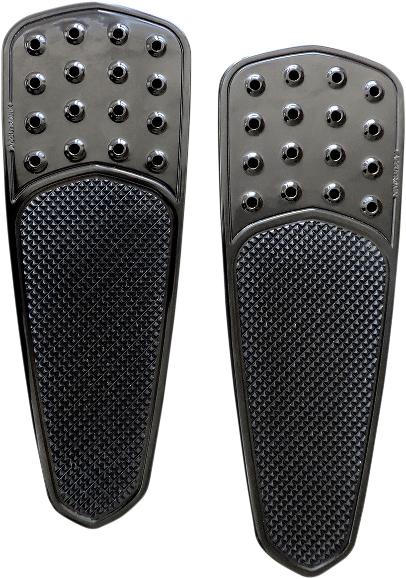 Extended Teardrop Knurled Drilled Driver Floorboards - Black - For 84-19 HD - Click Image to Close