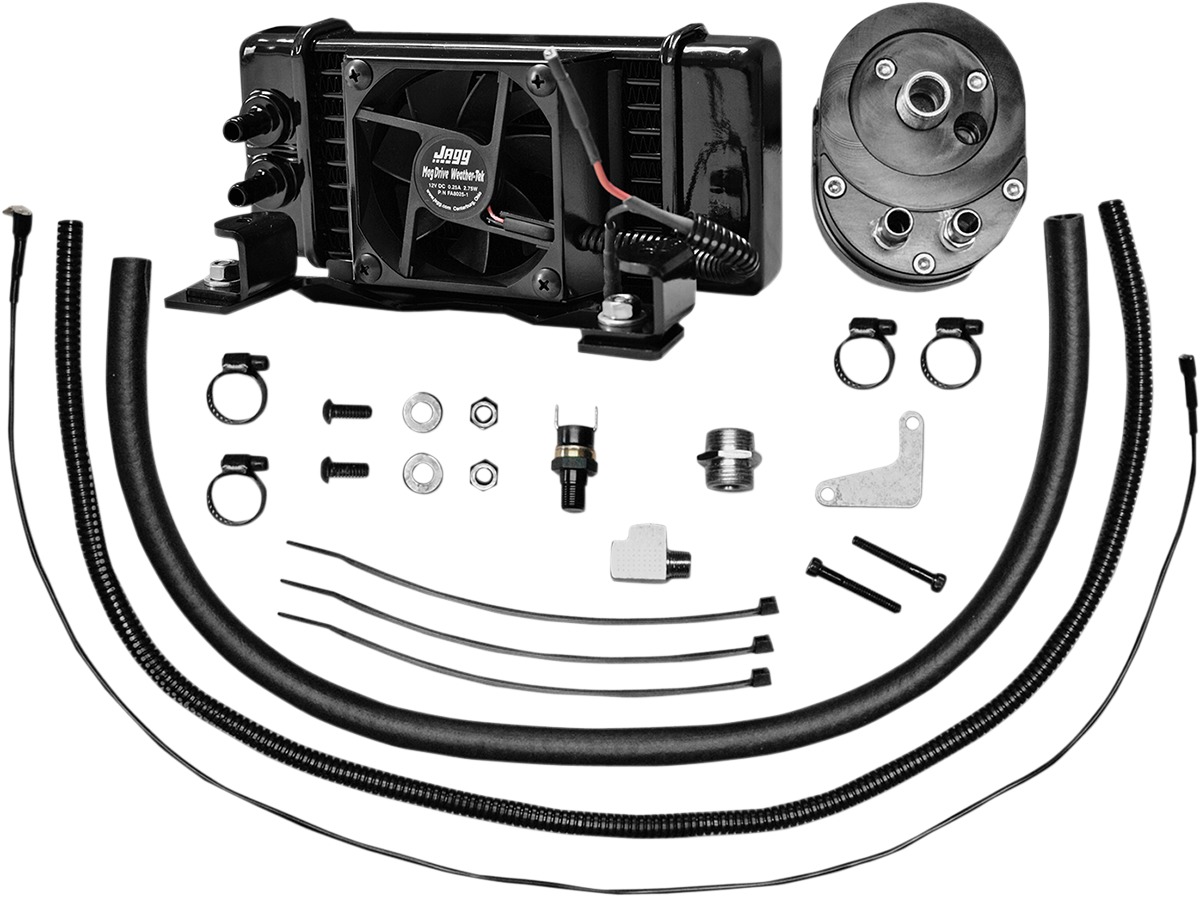 Horizontal Low Mount Oil Cooler Black w/Fan - For 84-08 Harley Touring - Click Image to Close