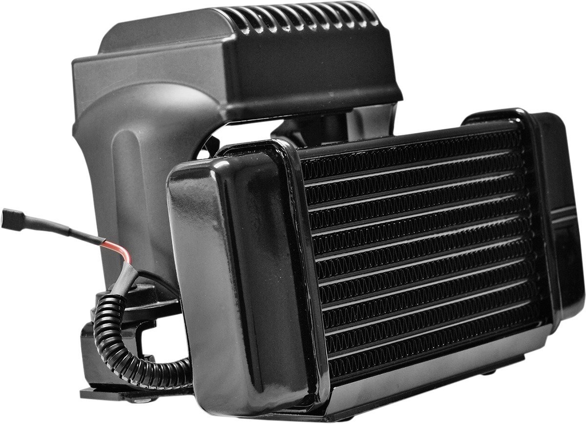 Horizontal Low Mount Oil Cooler Black w/Fan - For 84-08 Harley Touring - Click Image to Close
