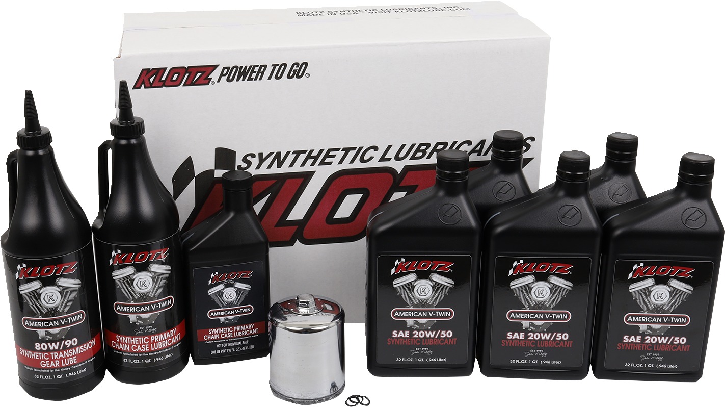 Klotz Harley Evolution Big Twin Oil Change Kit 20W-50 Synthetic - Complete oil change kit For Harley Evolution Big Twin - Click Image to Close