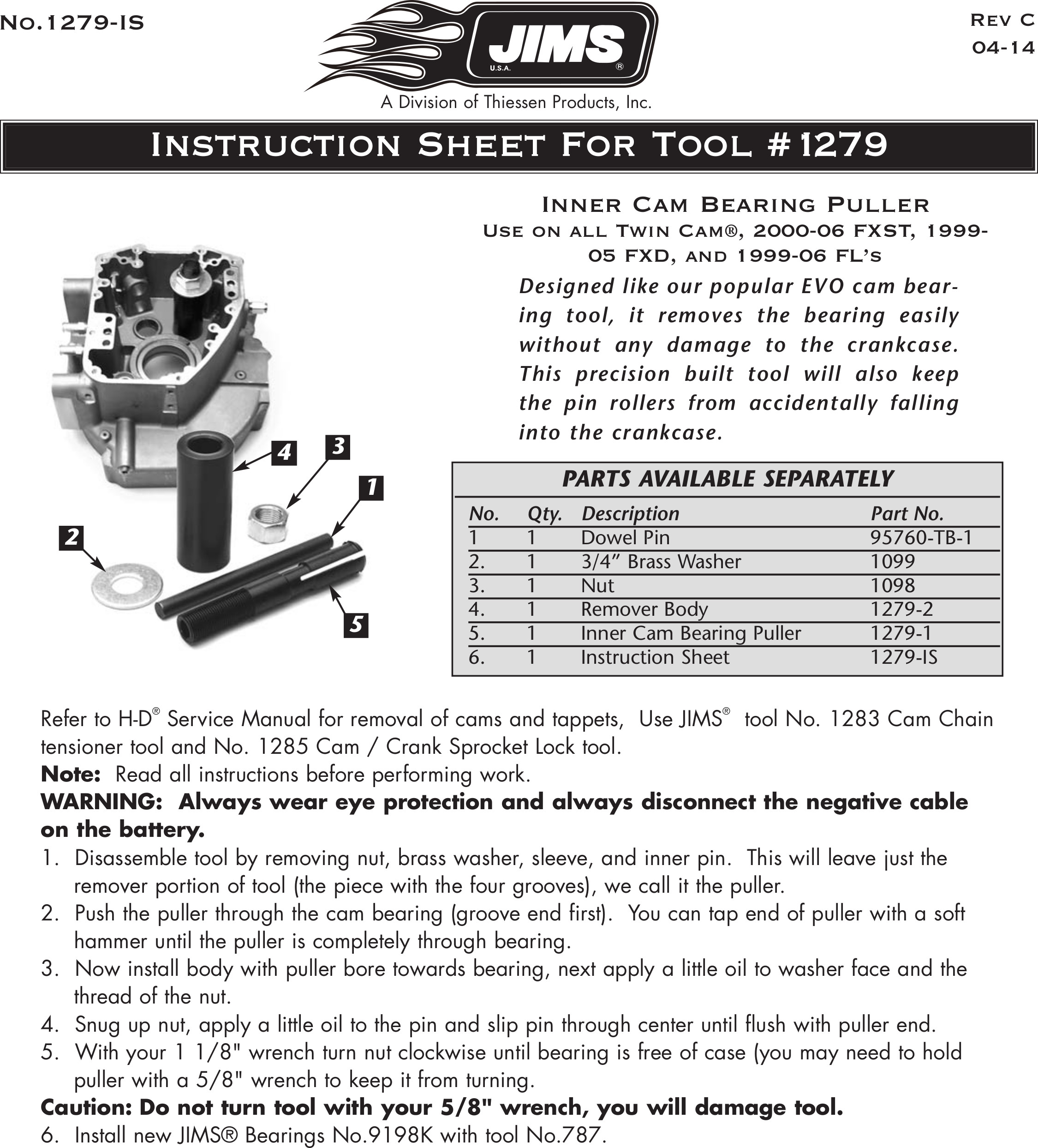 Inner Cam Bearing Removal Tool For H-D Twin Cams - Click Image to Close